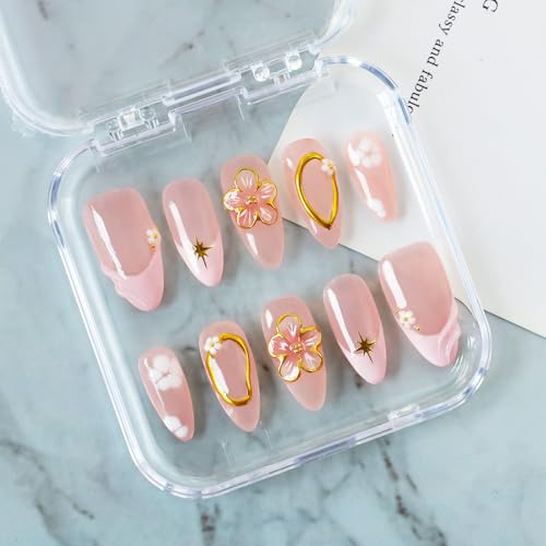 OCOUYVD Medium Almond Fake Nails with 3D Gold Embossed Flower Design - Size M / 2426