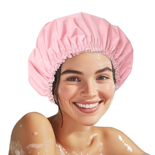 Pink Waterproof Shower Cap for Women - Large Double-Layer Bonnet, Hair & Spa Protection