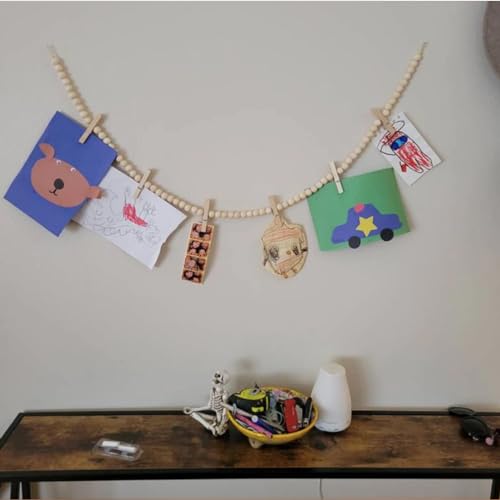 Wood Bead Photo Garland with 7 Clips | 48" Kids Art Display