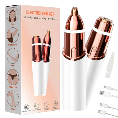 Eyebrow & Facial Trimmer: 2 in1 Rechargeable Facial Hair Removal & Eyebrow Shaver - Body Razor with Built-in LED Light (White)