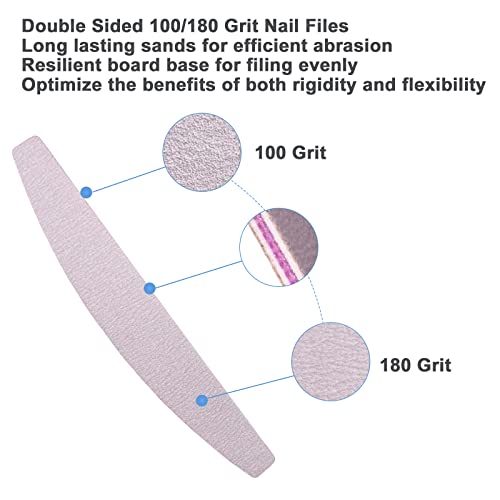 AhaTopia 50 Pcs Halfmoon Nail Files 100/180 Grit Double Sided for Acrylic & Natural Nails