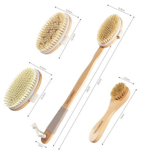 DEBETOOL Dry Brushing Set - Natural Boar Bristle Body & Face Brush, Wooden Long Handle Scrub Brush for Cellulite & Lymphatic Drainage Body Care, Detachable, 3 Brush Heads