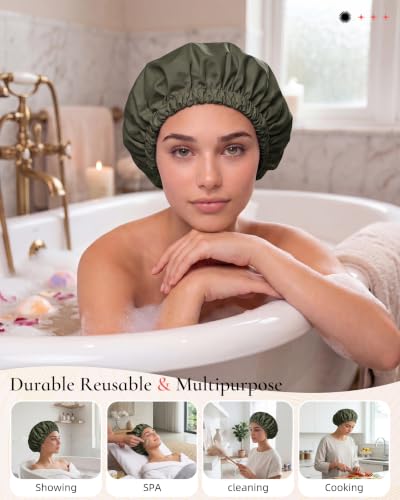 Edoneery Green Satin-Lined Waterproof Shower Cap for Women - Large Size, Reusable & Stylish