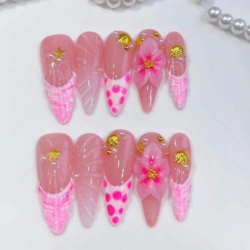 MOGOXION Handmade Long Stilettos Acrylic Press On Nails 3D Flowers Shell Design - Size M, 10 Pcs (Variation: Handmade Long Stilettos03)