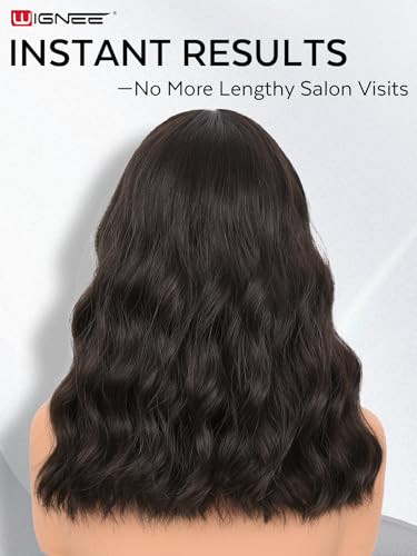 Dark Brown 14-Inch Short Wavy Wig with Bangs for Women - Realistic 4×1 Scalp