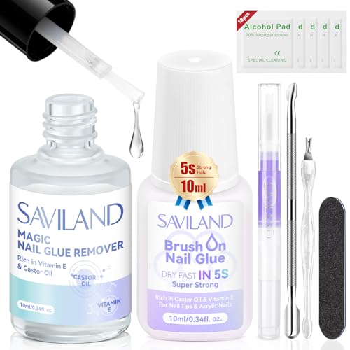 Saviland Professional Nail Glue and Remover Kit with Castor Oil & Vitamin E