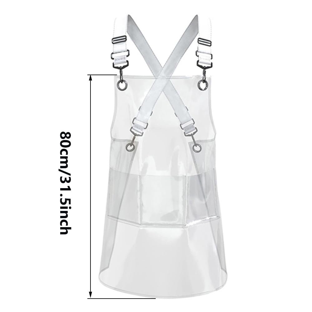 Farady Transparent Clear Apron for Hair Stylist Beauty Salon Waterproof Barber Work Apron with 3 Pockets Cross Back Adjustable Shoulder Strap 80cm/31.5'' Long