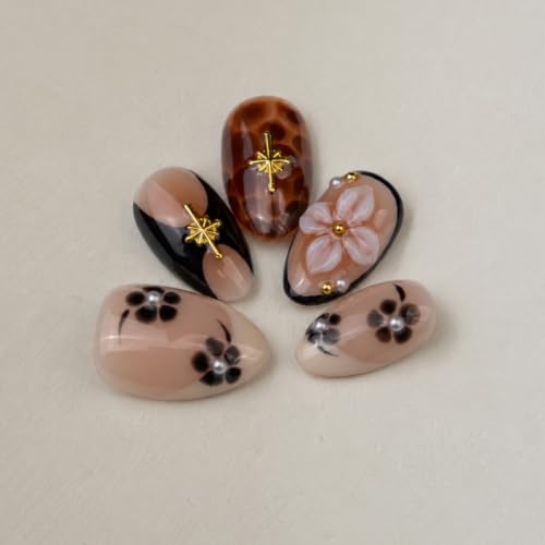 Short Almond Press On Nails with 3D Cherries & Flowers - 10 Pieces