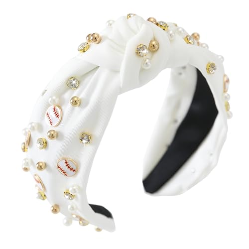 White Baseball Headband for Women - Pearl & Crystal Knotted Design