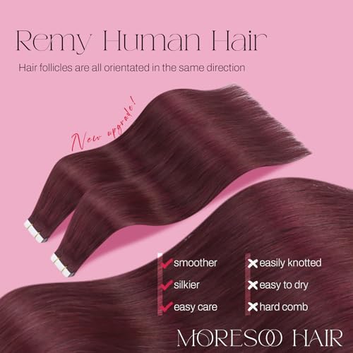 Moresoo Burgundy Red Tape Hair Extensions 10 Inch 20pcs | Remy Human Hair