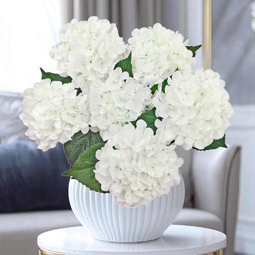 6PCS White Artificial Hydrangea Flowers - Realistic Silk Faux Bouquets