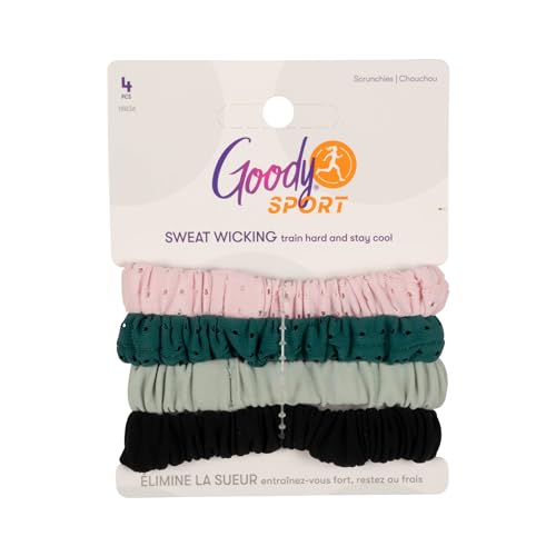 Goody Sport Ouchless Thin Scrunchies - 4 Pack, Sweat-Wicking Hair Ties