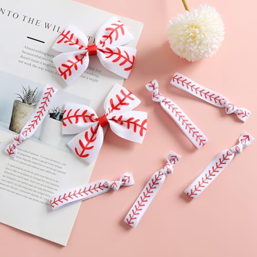 JiaDuo White-Red 2PC Baseball Hair Bow Clip & 6PC Elastic Hair Ties Girls Cheer Accessories