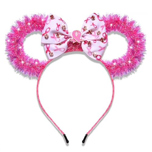 Breast Cancer Awareness Headband - Pink Ribbon Mouse Ears with Bow