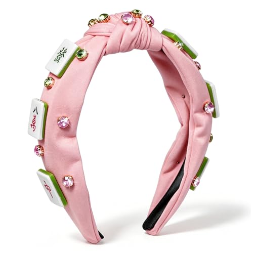 Pink Mahjong Knotted Headband for Women Rhinestone Crystal Wide Top Knot Hair Accessory