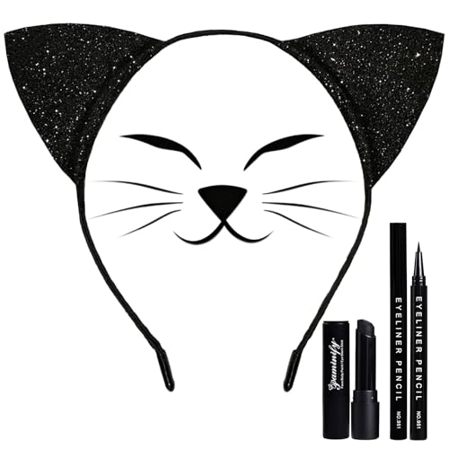 Halloween Cat Makeup Kit for Women with Headband, Eyeliner & Lipstick - Cosplay Accessories