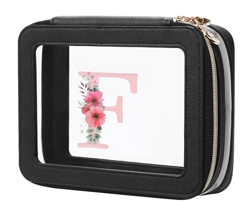 Relavel Medium Personalized Initial Clear Makeup Bag Waterproof Travel Toiletry Organizer - Black