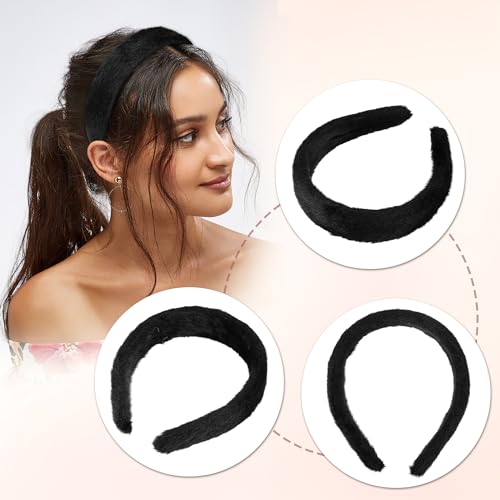 VOCOSTE Fluffy Black Plush Headband - Soft Elastic Hair Accessory