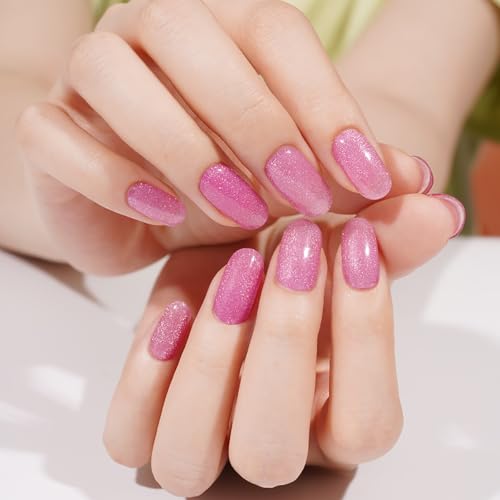 WOKOTO KIT5 Shiny Pink Cat Eye Semi Cured Gel Nail Strips Full Wraps for Women