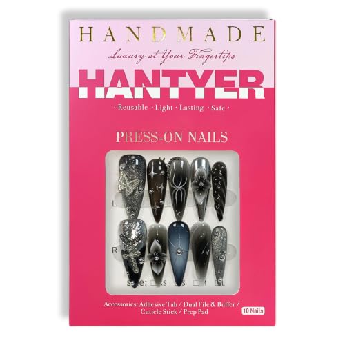 Hantyer Black Grey Press on Nails with 3D Carving Flowers & Charms, Long Stiletto, Size M, Reusable Gothic Fake Nails for Women