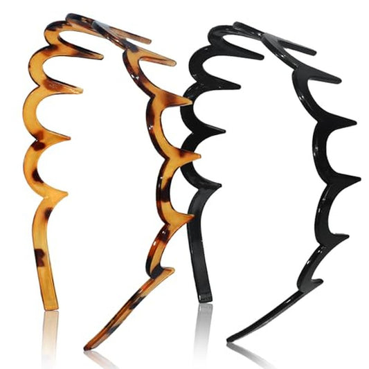 2026 Zigzag Headbands for Women, 2-Pack U-Shaped Hair Comb Headbands, Non-Slip Slick-Back Hair Accessories, Black & Tortoise Recycled Plastic, Teeth Hairband for Everyday Styling & Workout