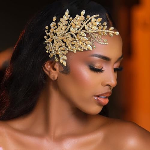 WONRLUA Champagne Bridal Headpiece, Leaf Wedding Hair Piece with Crystals