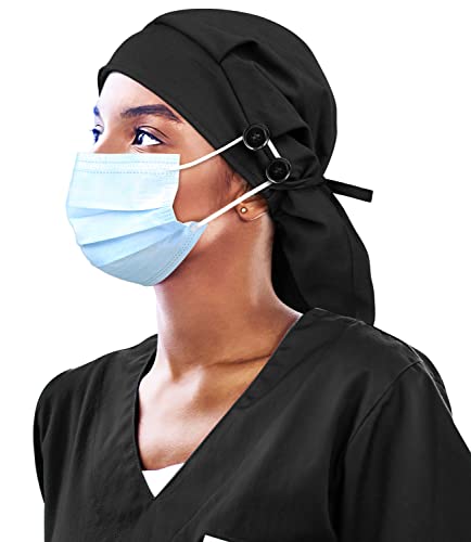 Black Satin Lined Work Cap with Button for Long Hair Women