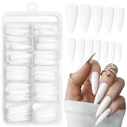 LoveOurHome 120pc White Stiletto Press On Nails Long Fake Nails with Glue & Tools