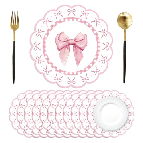 50 Pink Bow Disposable Paper Placemats - 13.4 Inch Round Table Mats for Parties