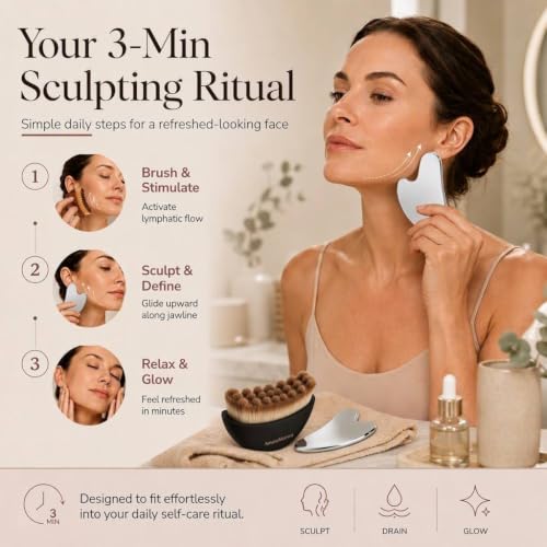 AmaraMemira Lymphatic Face Brush & Stainless Steel Gua Sha Set