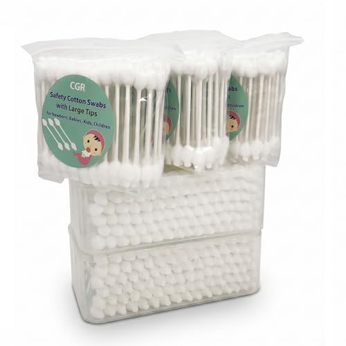 400pcs CGR Baby Safety Cotton Swabs with Large Tips for Newborn, Babies, Kids, Children, 100% Organic Cotton, White Paper Sticks, 5 Pack of 80 Swabs Total(2 Boxes and 3 Bags)