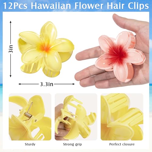Hawaiian Flower Hair Clips - 12 Pack Claw Clips for Women