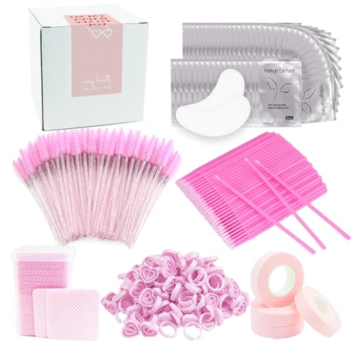 Pink 554 pcs Eyelash Extension Supplies Kit with Gel Pads, Tapes, Glue Rings