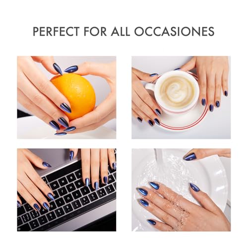 VSALON Almond Short Press on Nails Mini Pack - Dark Blue Cat Eye