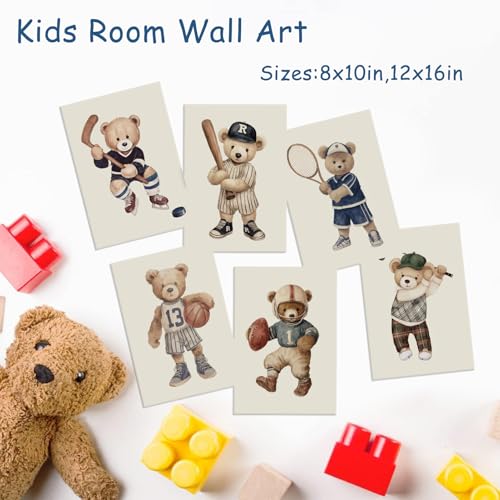 Teddy Bear Sports Wall Art Set - 6 Vintage Prints for Kids' Rooms