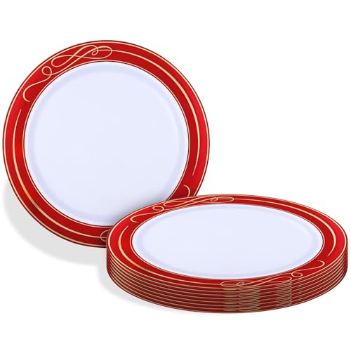 10 Pack of 10.25" White Plastic Dinner Plates with Red Rim - Perfect for Parties & Special Occasions