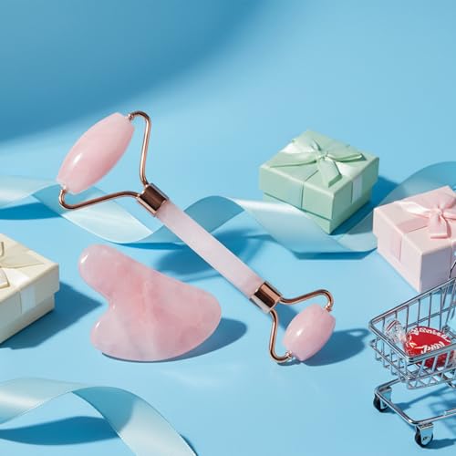 BAIMEI IcyMe Rose Quartz Roller & Gua Sha Set, Cooling Face Roller for Depuffing & Lymphatic Massage, Sculpting Tool for Face, Eyes & Neck, Smooth Skincare Gift for Women and Men