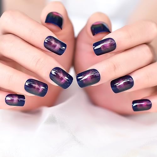 Dark Blue Shimmer Press On Nails with Pink Cat Eye Glitter Short Squoval Fake Manicure