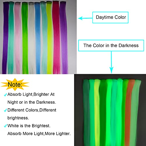 Glow in the Dark Clip-in Hair Extensions - 10 Colorful Pieces, 22 Inch