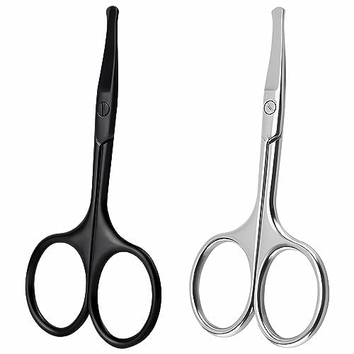 2 Pack 3.75" Premium Nose Hair Scissors, Curved Safety Blades with Rounded Tip for Trimming Small Details Facial Hair, Ear Hair, Eyebrow (Black and Silver)