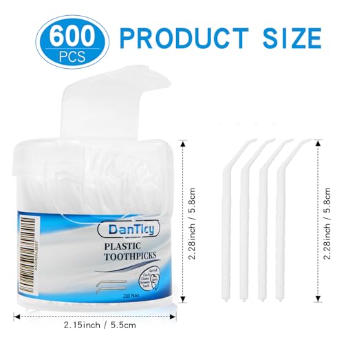 DanTicy White Interdental Toothpicks 600pcs Pack of 3 - Curved Plastic Dental Picks
