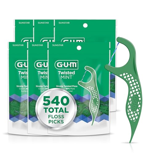 GUM Twisted Mint Dental Floss Picks 90 Count (Pack of 6) - Easy-Grip, Travel-Ready