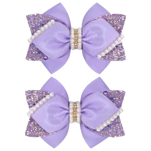 TOKUFAGU 4" Sparkly Glitter Sequin Ribbon Hair Bow Clips Light Purple with Pearls