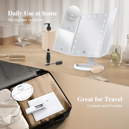 HUONUL Makeup Mirror, Vanity Mirror with Lights, 2X/3X/10X Magnification, Touch Control, Trifold, Dual Power Supply, Birthday Gifts for Women, Wife, Mom, Girls,Dorm Room Essentials