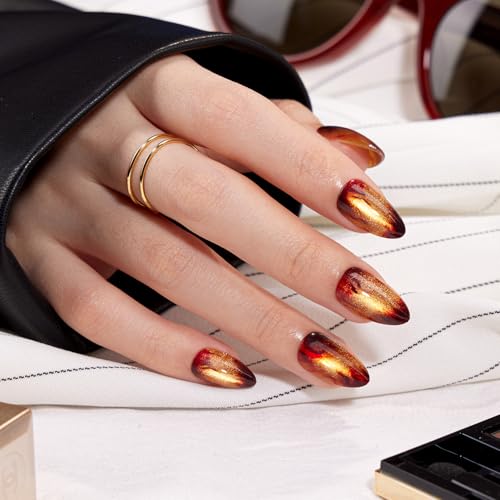 VSALON Press on Nails Short Almond - A2 Warm Fireplace, Golden Cat Eye Flame Design, 32 PCS