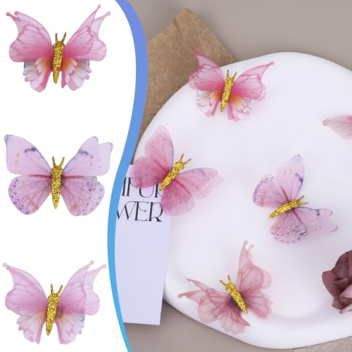 PAGOW 12 Pcs Pink Rhinestone Butterfly Hair Clips for Women, Gradient Moving Fairy Hair Accessories