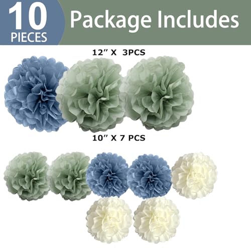 Sage Green & Dusty Blue Tissue Pom Poms - 10-Pack Party Decorations
