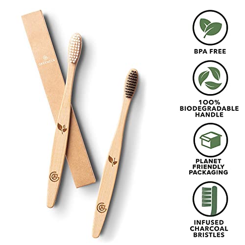 Greenzla Organic Bamboo Toothbrush Set – 12 Pack with Charcoal Bristles