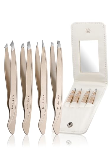 4-Piece Stainless Steel Tweezers Set with Travel Mirror Case