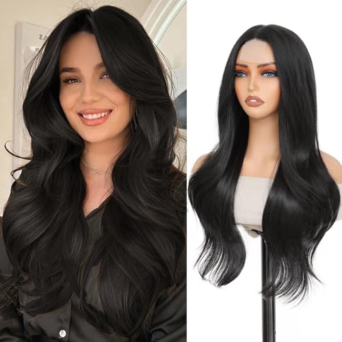 Long Black Layered Wigs for Women - 26 Inch Natural-Looking Synthetic Hair
